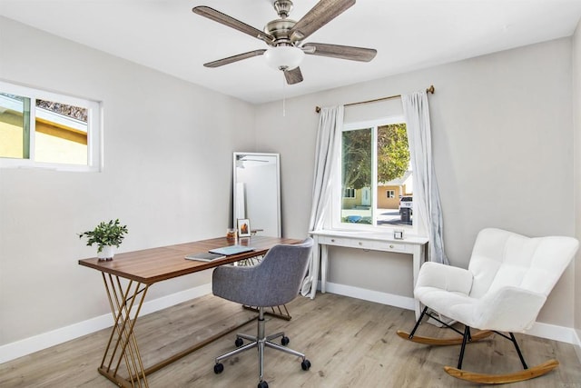 home office with ceiling fan, a wealth of natural light, and light hardwood / wood-style floors