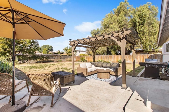 view of patio / terrace featuring grilling area, a pergola, and an outdoor hangout area