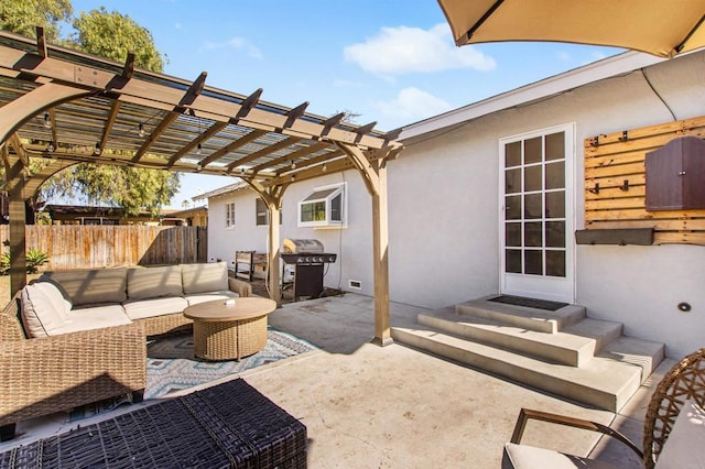 view of patio / terrace featuring area for grilling, an outdoor hangout area, and a pergola