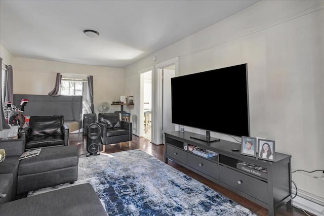 living room with dark hardwood / wood-style flooring