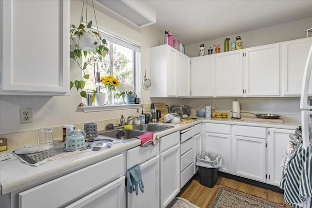 kitchen with wood-type flooring, sink, and white cabinets