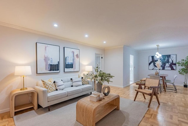 living room featuring ornamental molding and light parquet floors