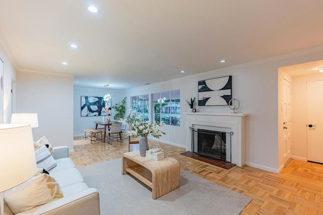 living room featuring light parquet floors and ornamental molding