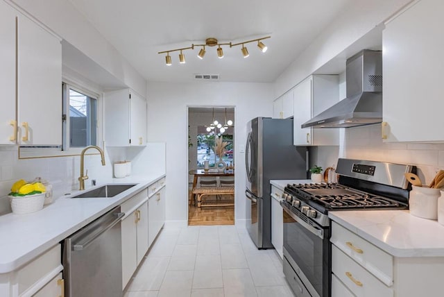 kitchen featuring white cabinets, stainless steel appliances, sink, and wall chimney exhaust hood