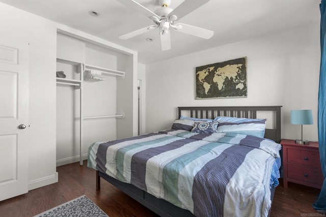 bedroom with ceiling fan, dark hardwood / wood-style floors, and a closet