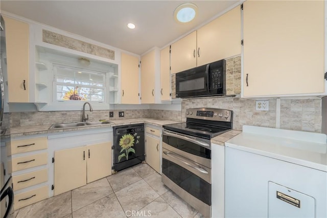 kitchen with tasteful backsplash, crown molding, sink, and black appliances