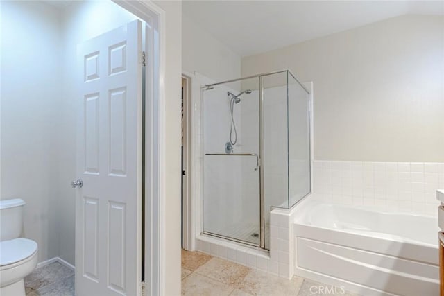 full bathroom with independent shower and bath, vanity, tile patterned flooring, and toilet