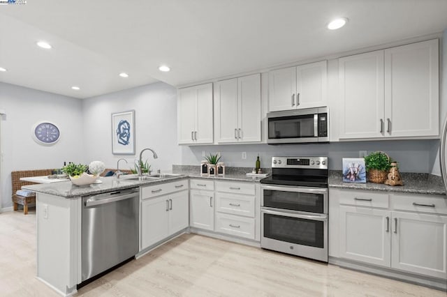 kitchen with white cabinetry, sink, kitchen peninsula, and appliances with stainless steel finishes