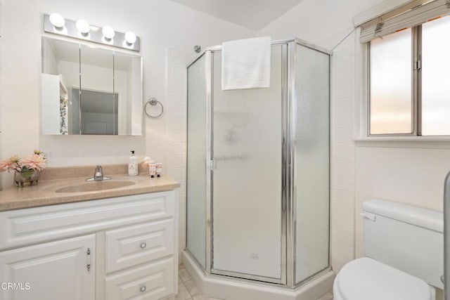 bathroom with vanity, an enclosed shower, and toilet