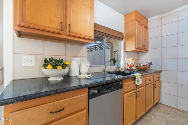 kitchen with sink, stainless steel dishwasher, tile walls, and dark stone counters