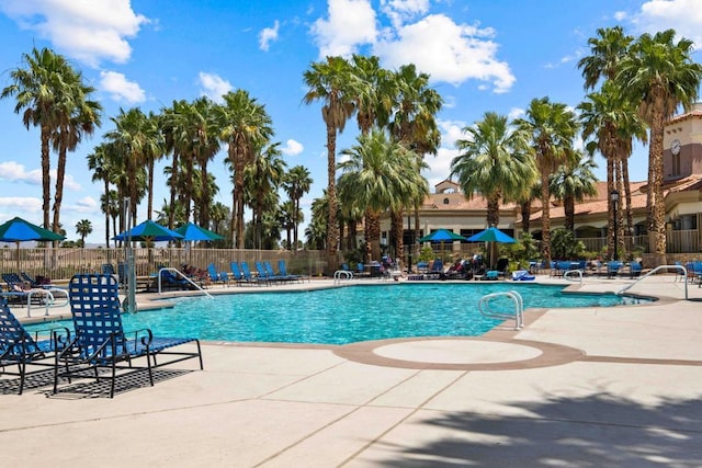 view of swimming pool featuring a patio area