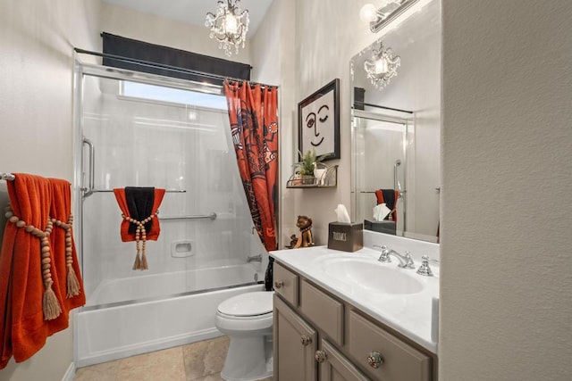 full bathroom featuring shower / tub combo, an inviting chandelier, vanity, tile patterned floors, and toilet