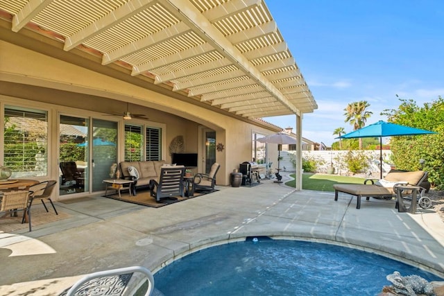 view of pool with a pergola, an outdoor hangout area, ceiling fan, and a patio area