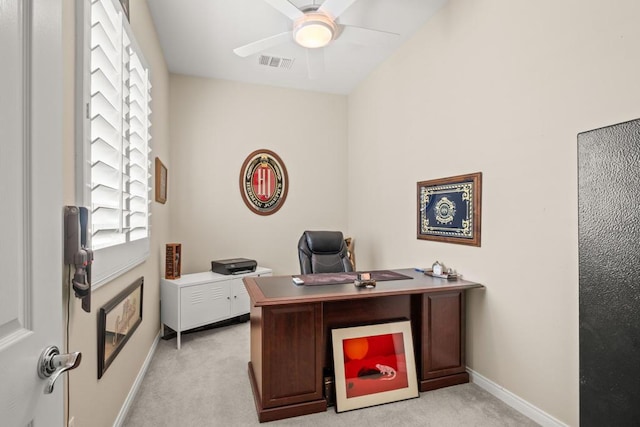 office area with ceiling fan and light colored carpet