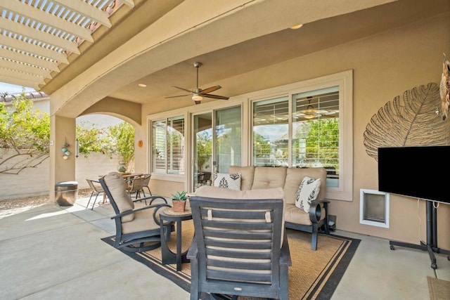 view of patio with a pergola, outdoor lounge area, and ceiling fan