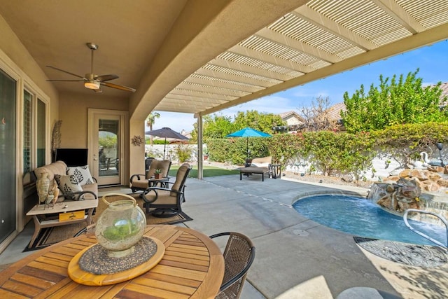 exterior space with a fenced in pool, pool water feature, outdoor lounge area, and a pergola