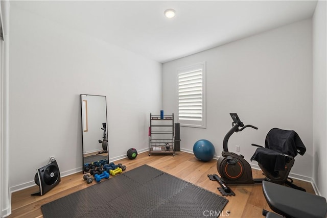 workout room with hardwood / wood-style floors