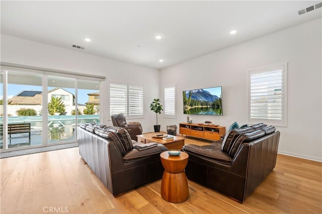 living room with a wealth of natural light and light hardwood / wood-style floors