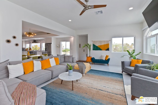 living room with ceiling fan