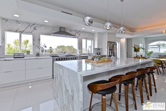 kitchen with a tray ceiling, white cabinets, stainless steel appliances, a kitchen island with sink, and wall chimney range hood