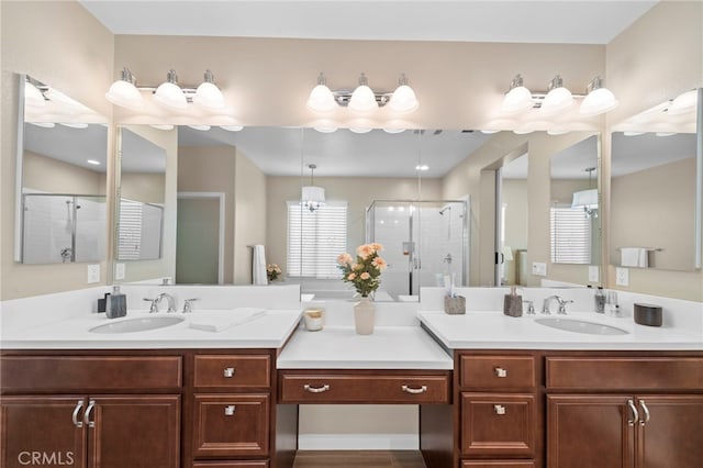 bathroom featuring vanity and walk in shower