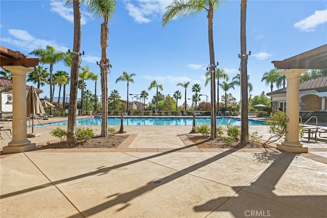 view of swimming pool with a patio