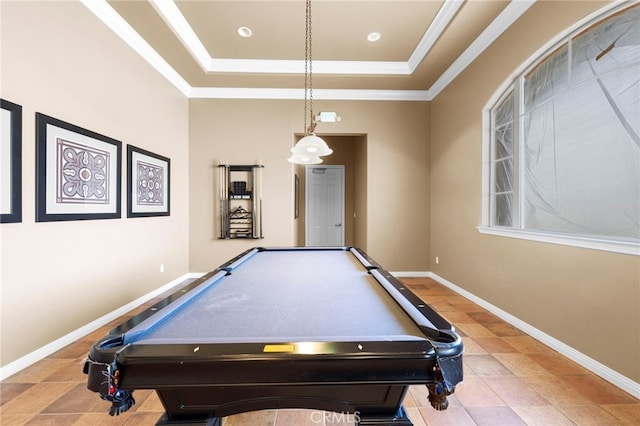 recreation room featuring crown molding, billiards, and a tray ceiling