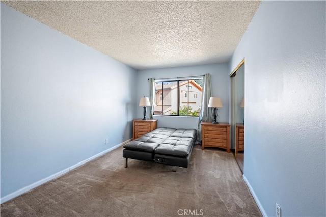 living area featuring carpet flooring and a textured ceiling