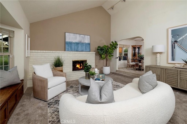 carpeted living room featuring a fireplace and high vaulted ceiling