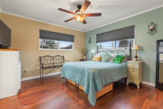 bedroom featuring multiple windows, ornamental molding, and dark hardwood / wood-style floors