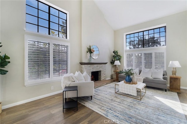 living room with hardwood / wood-style flooring, a stone fireplace, and high vaulted ceiling