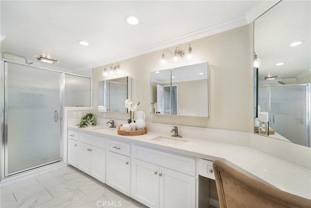 bathroom with vanity, ornamental molding, and walk in shower