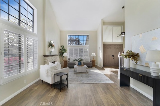 interior space with wood-type flooring, plenty of natural light, and a high ceiling