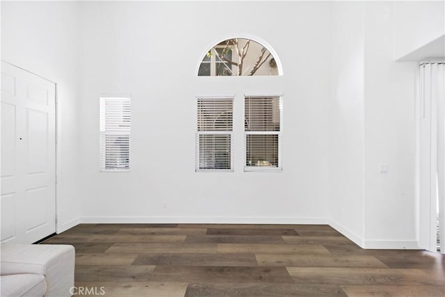 spare room with dark wood-type flooring, a towering ceiling, and a healthy amount of sunlight