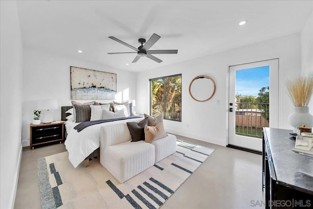 bedroom with access to outside and ceiling fan