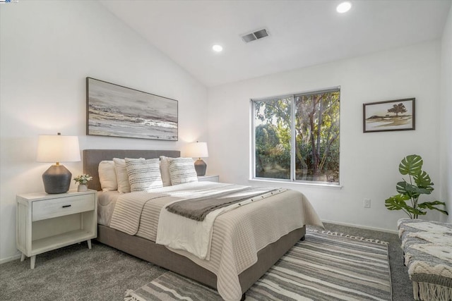 bedroom featuring dark carpet and vaulted ceiling