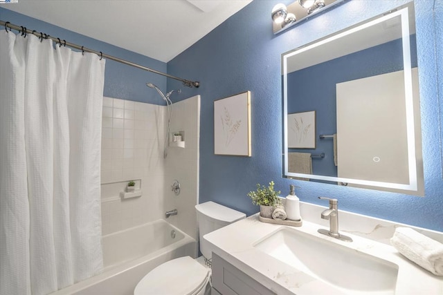 full bathroom featuring shower / bathtub combination with curtain, vanity, and toilet