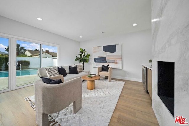 living room with a premium fireplace and light hardwood / wood-style flooring