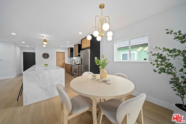 dining room with sink and light hardwood / wood-style floors