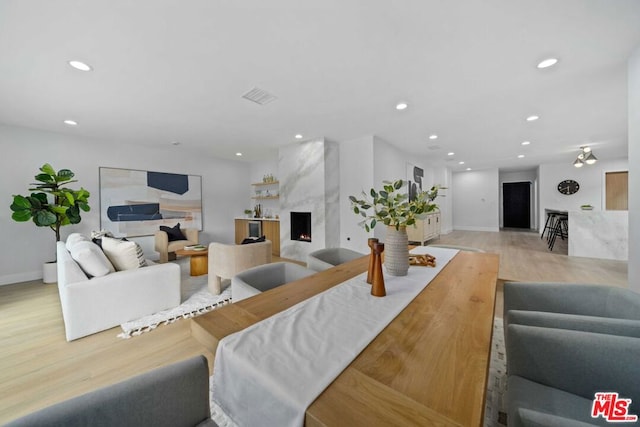 living room featuring a fireplace and light hardwood / wood-style flooring