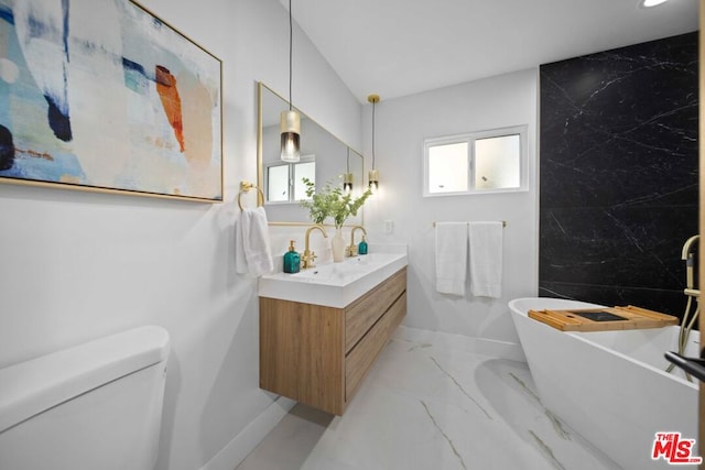 bathroom featuring a washtub, vanity, and toilet