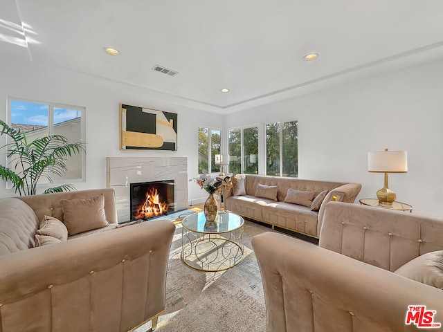 living room with a fireplace