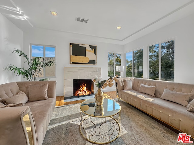 living room with plenty of natural light and wood-type flooring