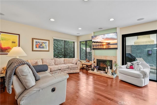 living room with hardwood / wood-style flooring and a tiled fireplace