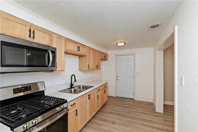 kitchen with appliances with stainless steel finishes, sink, light brown cabinetry, and light wood-type flooring