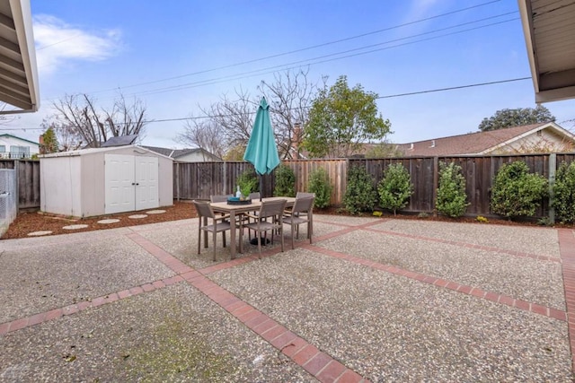 view of patio with a shed