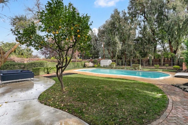 view of swimming pool featuring a yard