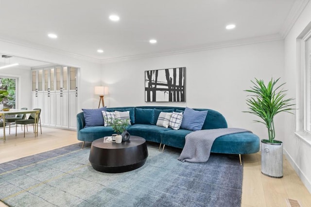 living room with hardwood / wood-style floors and ornamental molding