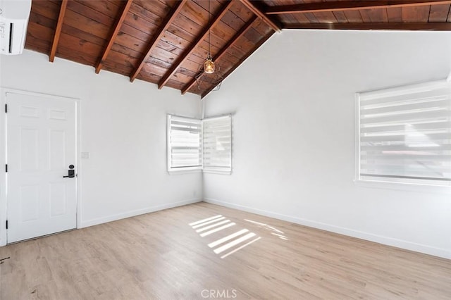 unfurnished room featuring vaulted ceiling with beams, wood ceiling, and light hardwood / wood-style floors