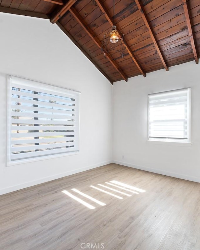 spare room featuring vaulted ceiling with beams, wood ceiling, and wood-type flooring